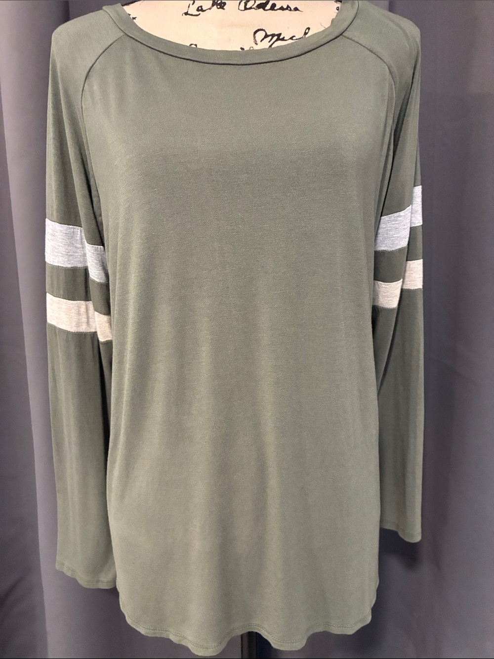 Roolee Olive Green Long Sleeve Top with White/Tan Sleeve Stripes